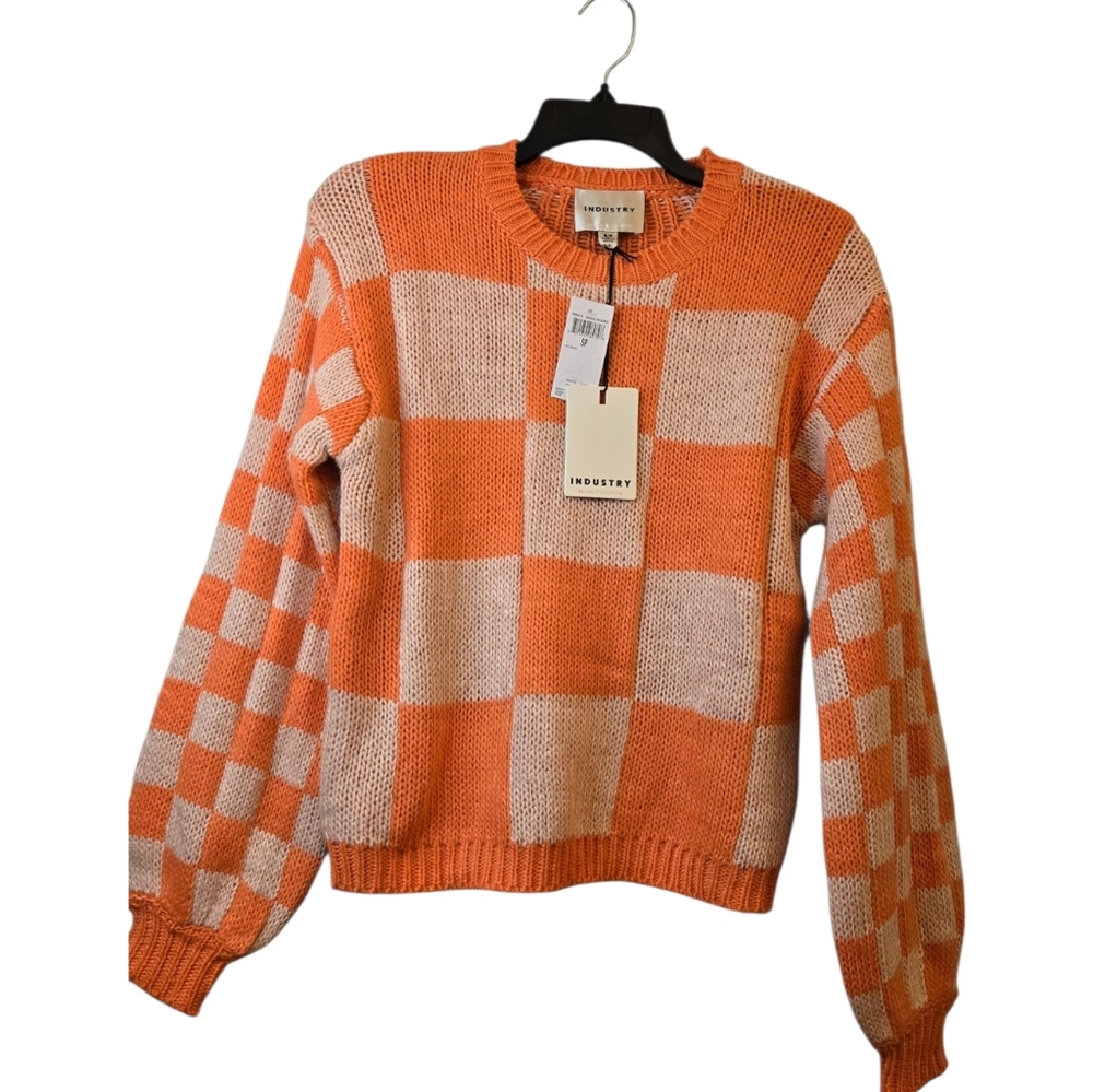 INDUSTRY REPUBLIC CLOTHING Preppy Ceckered Sweater Crewneck NWT S Orange/Cream